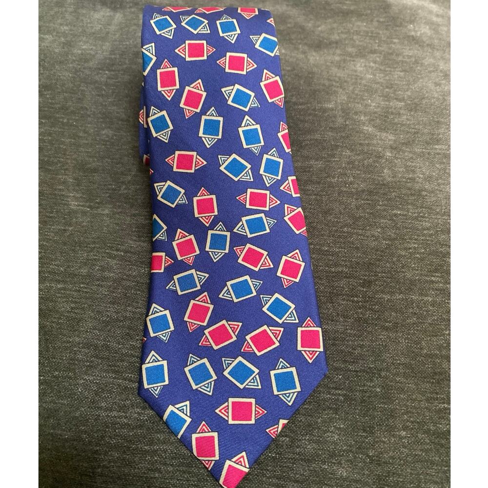 Vintage‎ Burberrys of London Silk Neck tie Hand Sewn in USA Blue Red Teal 3.5"